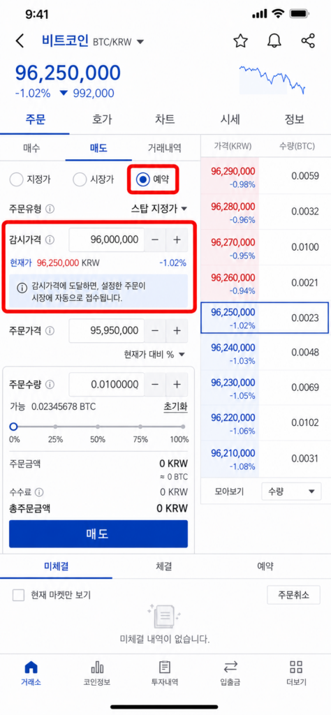 업비트 예약 주문 탭에서 감시가격과 매도 지정가를 설정하는 스톱리밋 화면